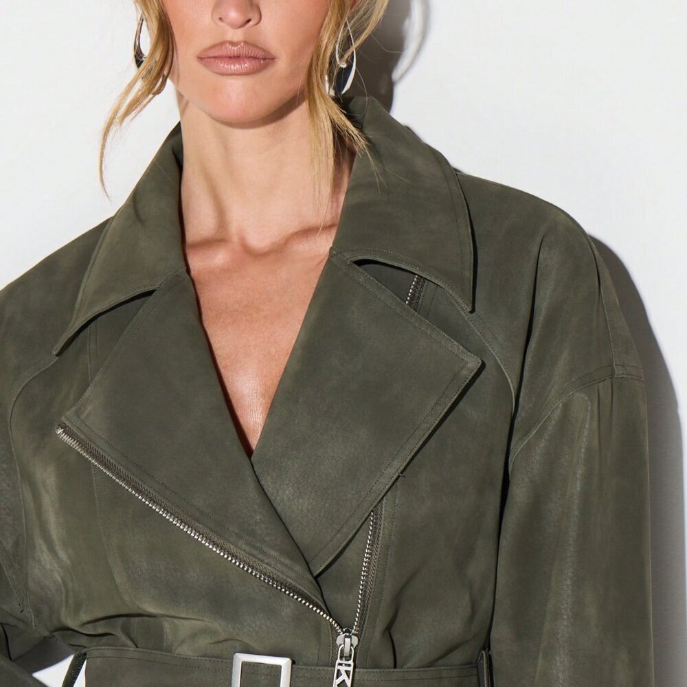 Army Green Casual Women's Suedette Biker Jacket - Picture 5 of 7